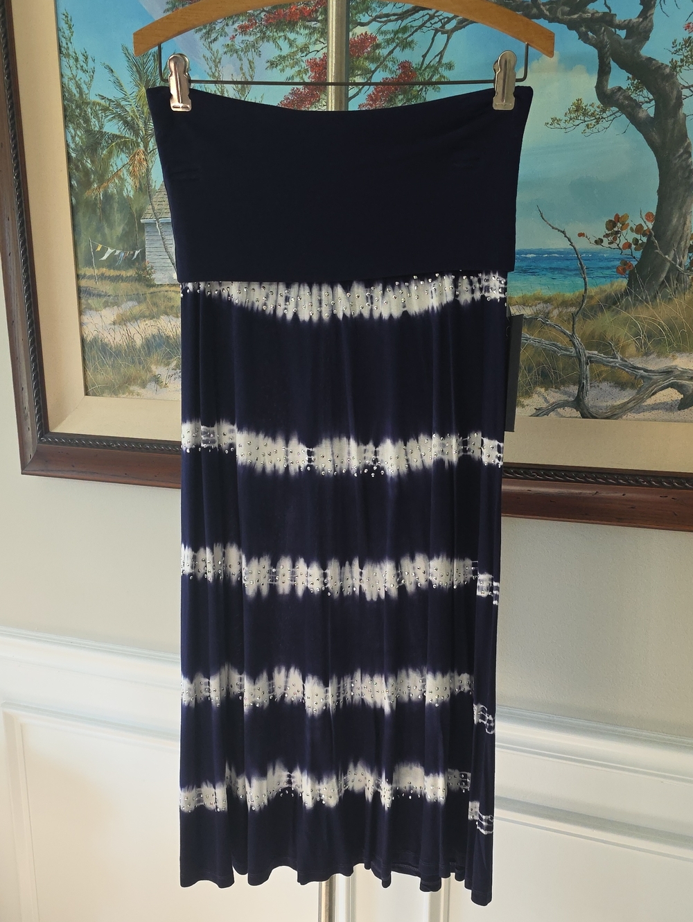 INC International Concepts Navy and White Strapless Tie-Dye Maxi Dress